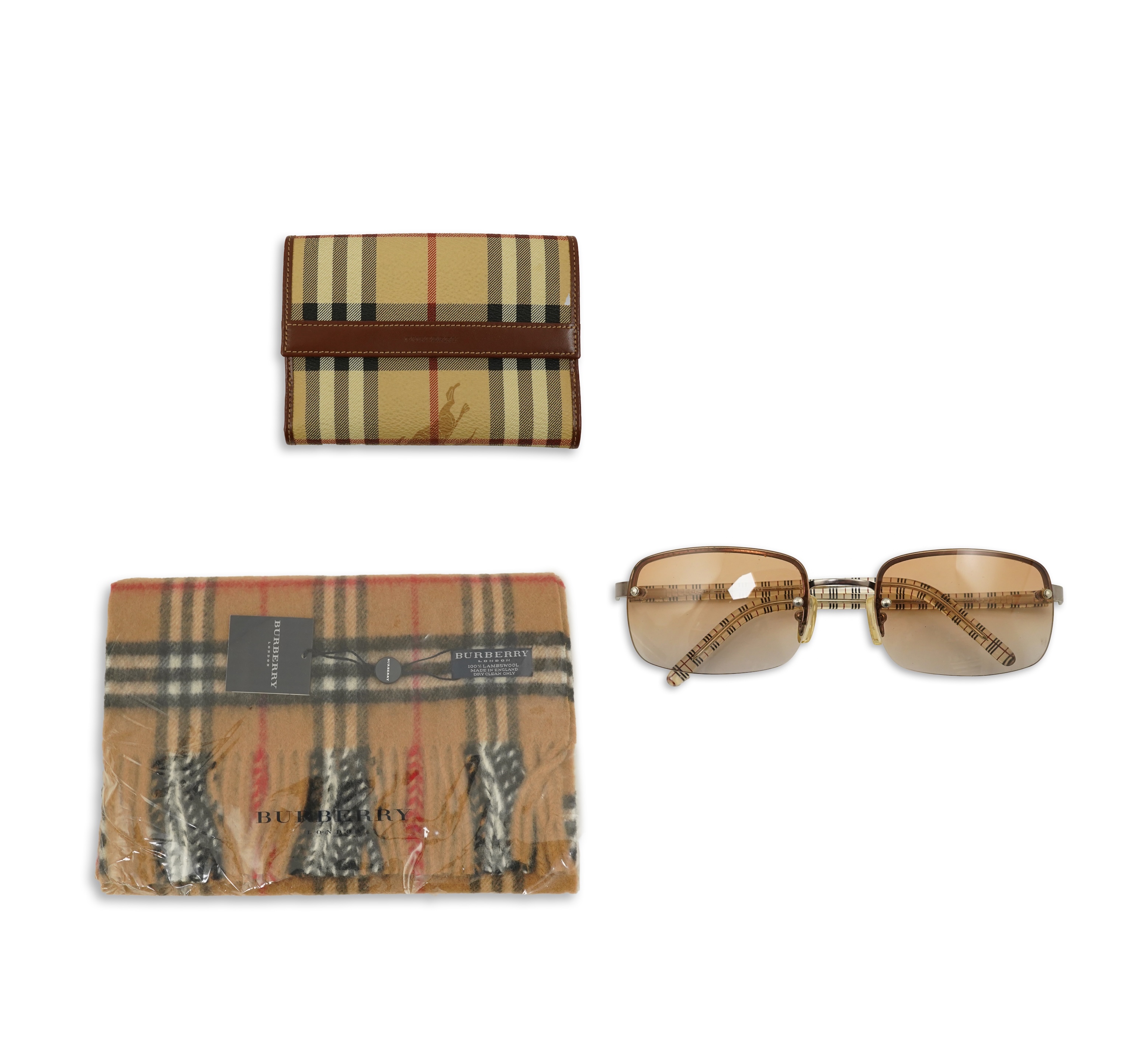 A Burberry brown tartan scarf, sunglasses with case and wallet with original box.